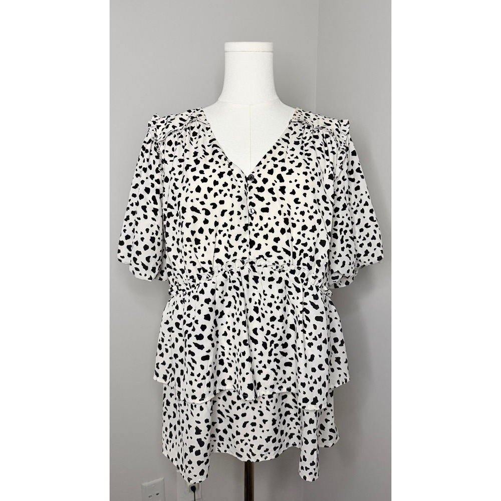 Doe & Rae Babydoll Top Size Large Front Ruffle Puff Sleeve White Black